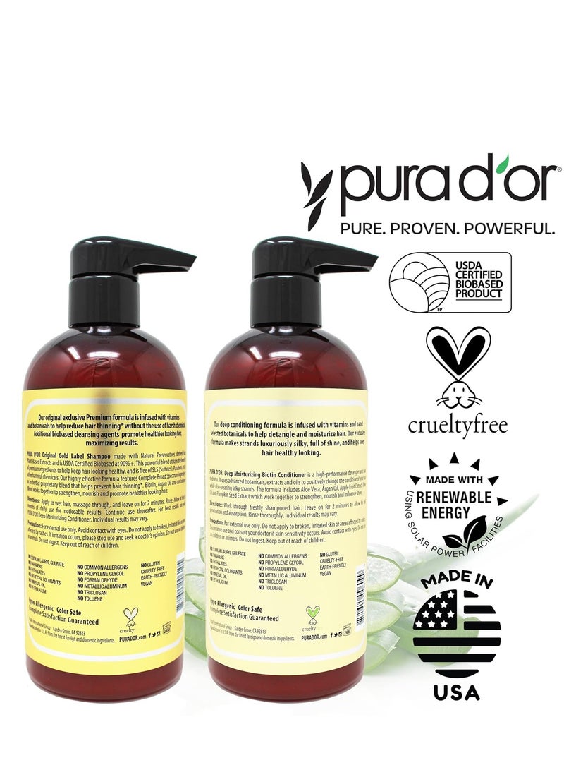 PURA D'OR Anti-Thinning Biotin Shampoo & Deep Moisturizing Conditioner Original Gold Label Set (16oz x2) Natural Earthy Scent, CLINICALLY TESTED Effective Results, DHT Blocker Thickening, Women & Men