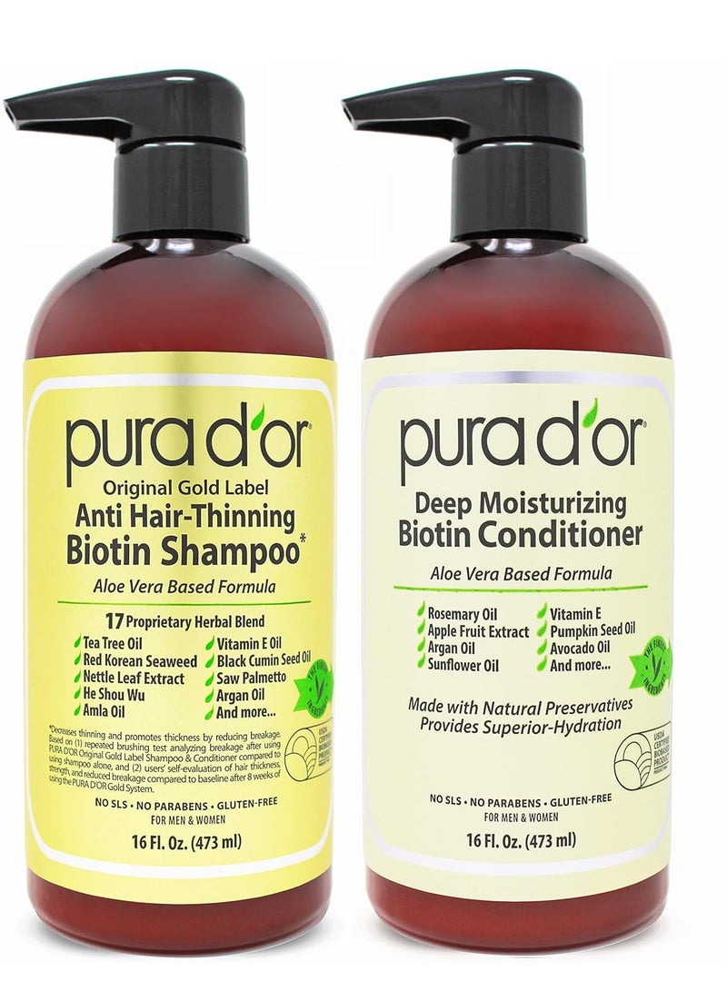 PURA D'OR anti thinning biotin shampoo and conditioner natural earthy scent clinically tested proven results DHT blocker thickening products for women & men original gold label hair care set 16 oz x2