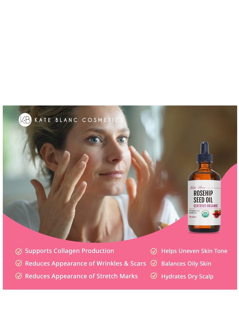 Kate Blanc Cosmetics rosehip oil for face & skin 1oz USDA organic rosehip seed oil for gua sha massage & dace oil 100% pure cold pressed rose hip oil for acne scars & facial oil