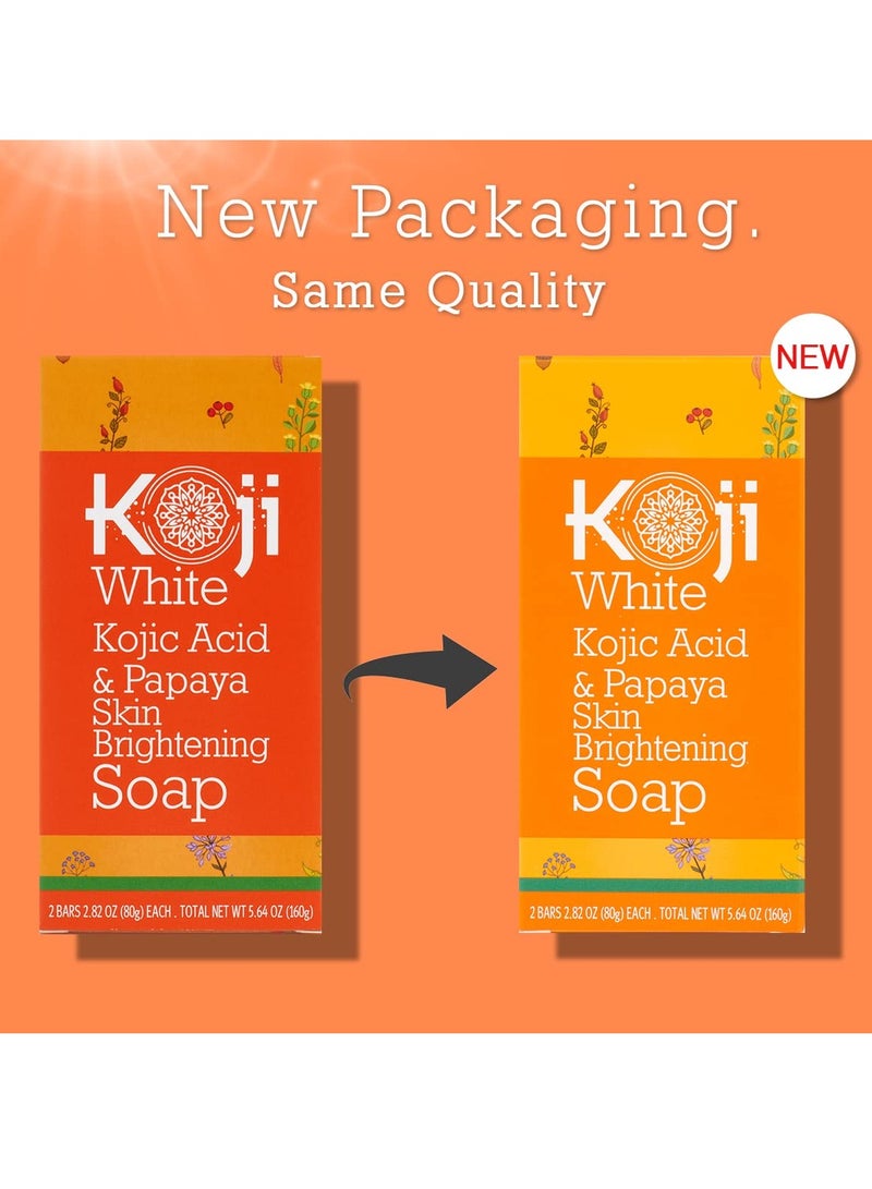 Koji White Kojic Acid & Papaya Skin Brightening Soap, Exfoliating Facial Bar, Radiant Skin, Rejuvenates, Moisturizer, Even Tone Cleansing Bar with Hyaluronic Acid, Vegan Soap, 2.82 oz (2 Bars)