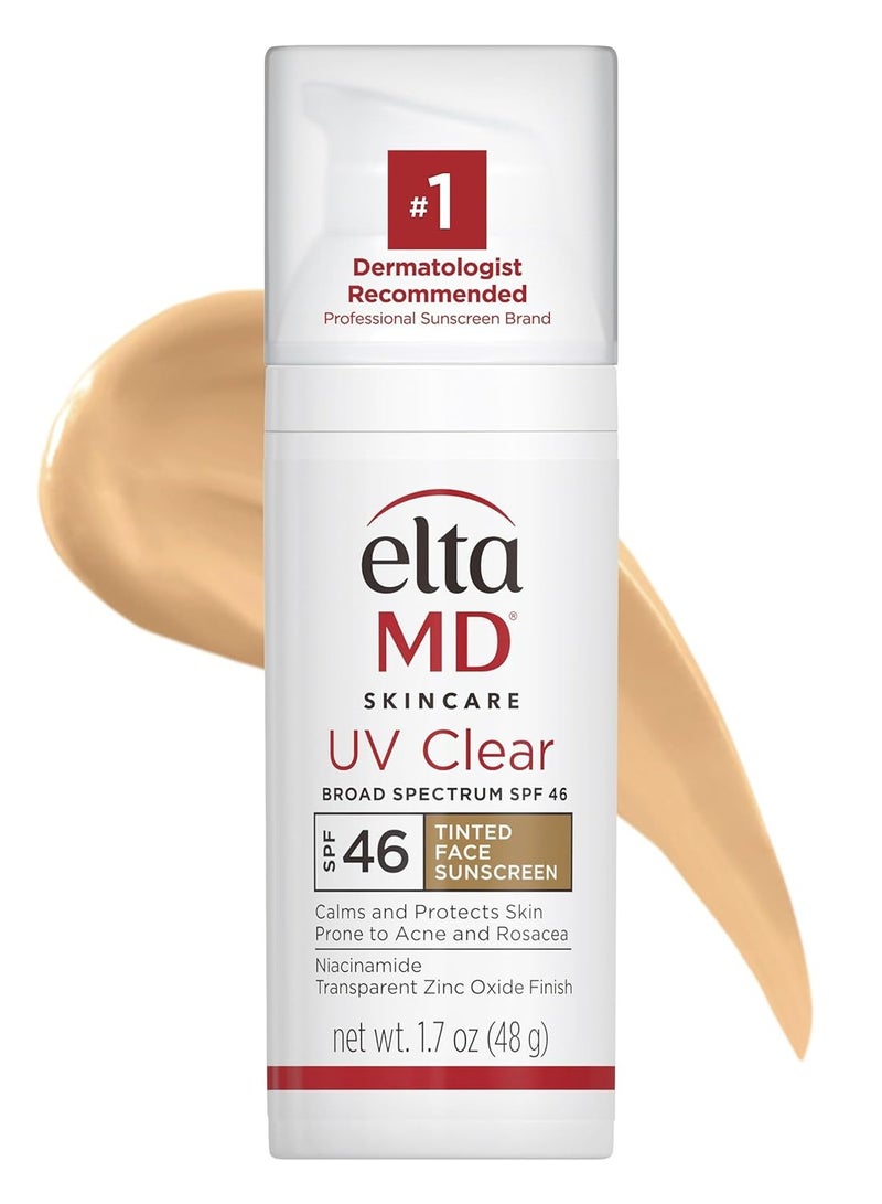 EltaMD UV clear tinted face sunscreen SPF 46 oil free sunscreen with zinc oxide protects and calms sensitive skin and acne prone skin lightweight tinted dermatologist recommended 1.7 oz pump.