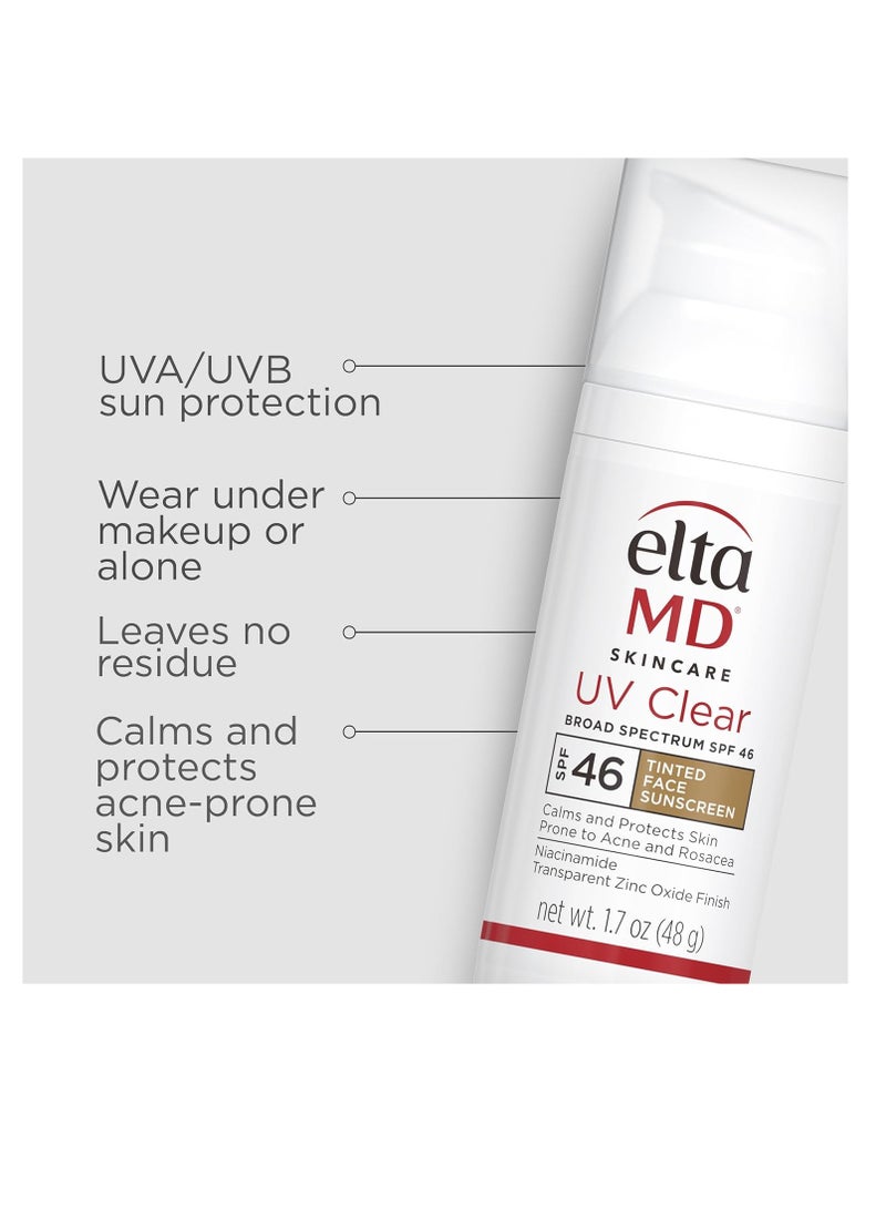 EltaMD UV clear tinted face sunscreen SPF 46 oil free sunscreen with zinc oxide protects and calms sensitive skin and acne prone skin lightweight tinted dermatologist recommended 1.7 oz pump.