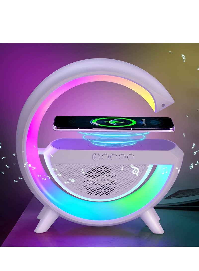LED Ambient Lighting Night Light for Bedroom Rechargeable Bluetooth Speakers Table Lamp for Living Room Decor Battery Operated Dorm Bedside Lamps with 15W Wireless Charging (White) Child Gift