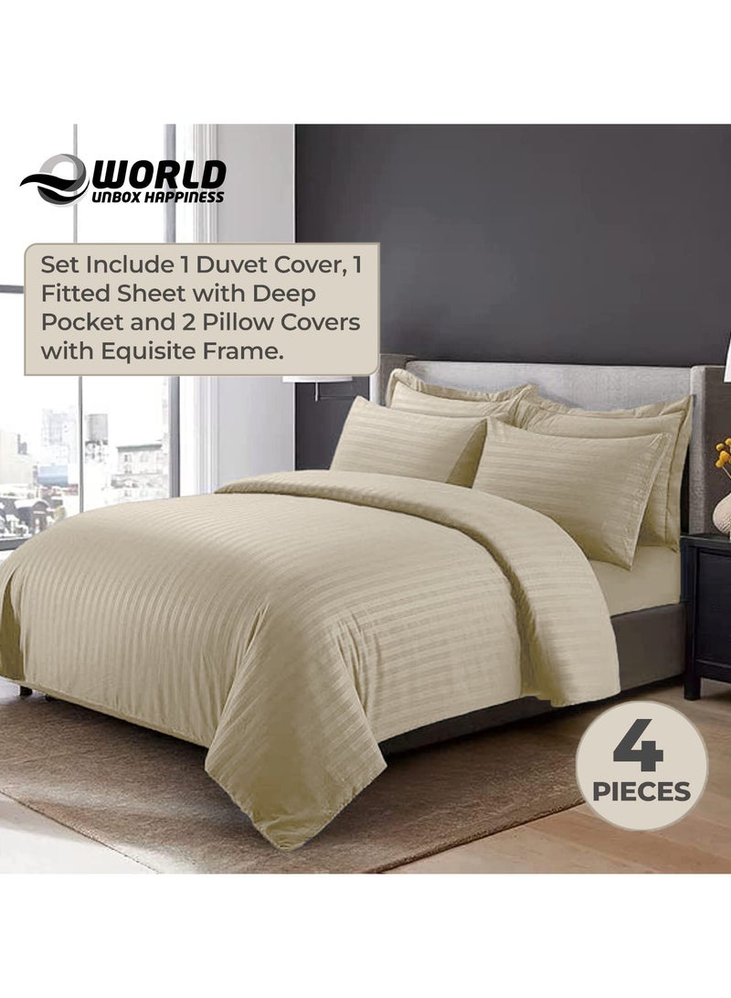 4-Piece Luxury King Size Cream Striped Bedding Set Includes 1 Duvet Cover (220x240cm), 1 Fitted Bed Sheet (200x200+30cm), and 2 Pillow Cases (48x74+5cm) for Ultimate Hotel-Inspired Sophistication