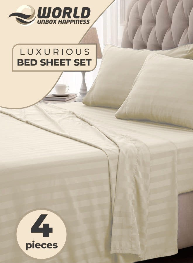 4-Piece Luxury King Size Cream Striped Bedding Set Includes 1 Duvet Cover (220x240cm), 1 Fitted Bed Sheet (200x200+30cm), and 2 Pillow Cases (48x74+5cm) for Ultimate Hotel-Inspired Sophistication