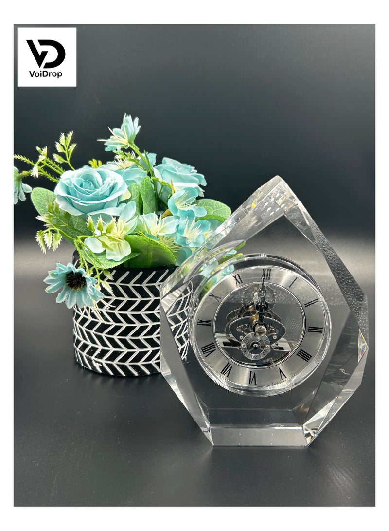 Transparent Mechanical Clock Crystal-Personalized Shelf Timepiece-Table clock- Service Award, Business Promotion and Wedding Present (Crystal Clock Triangle Shape(HD-68)