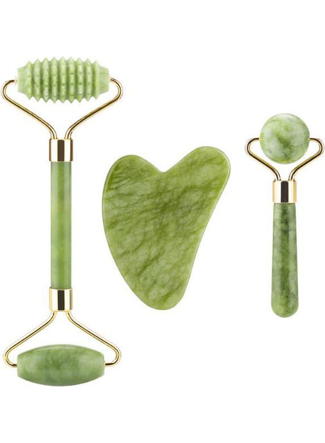 3-Piece Natural Jade Beauty Device Massager Green/Golden