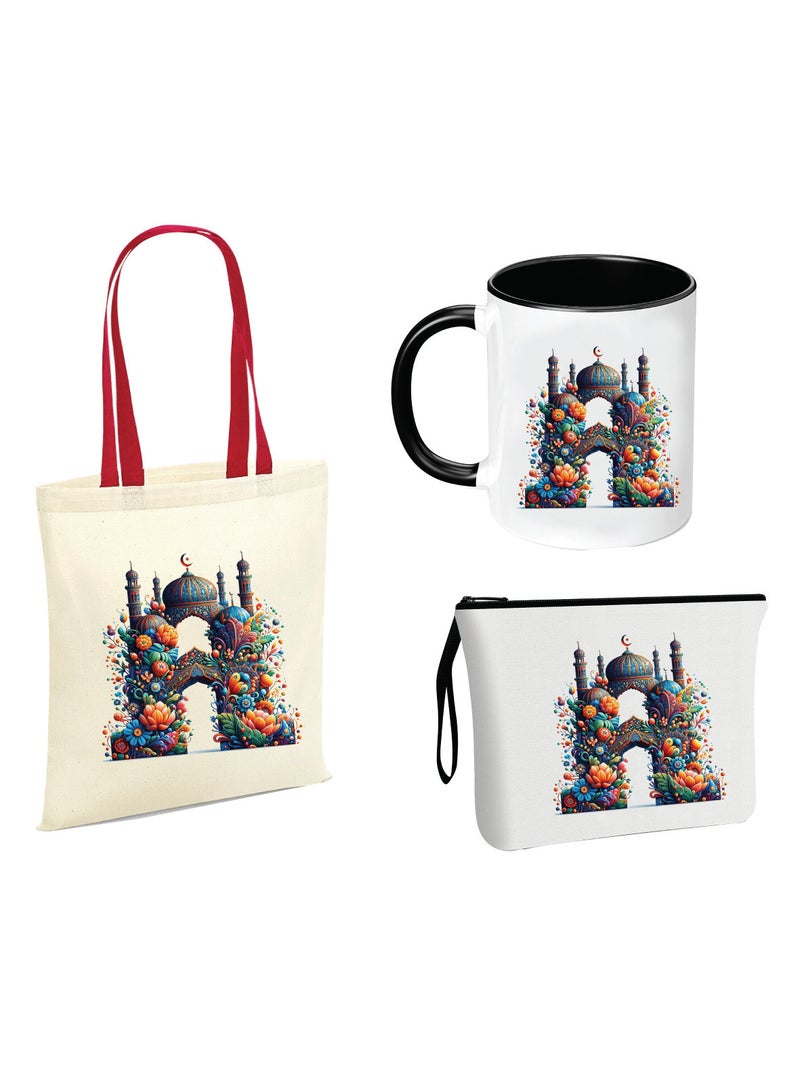Pack of 3 Initial Monogram Gift Set - Black Coffee Mug, Cosmetic Bag and Cotton Tote bag Set - Gift Set for Her - Perfect for Ramadan, School, Travel and Birthday Gift
