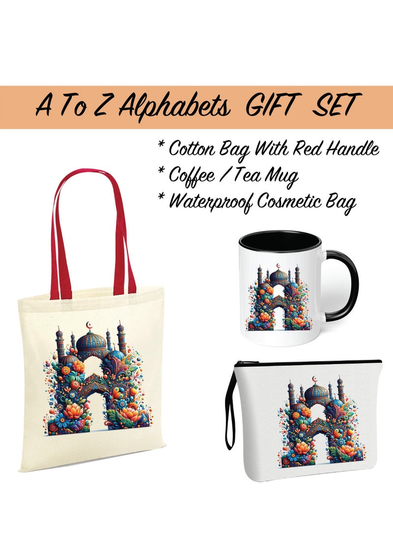 Pack of 3 Initial Monogram Gift Set - Black Coffee Mug, Cosmetic Bag and Cotton Tote bag Set - Gift Set for Her - Perfect for Ramadan, School, Travel and Birthday Gift