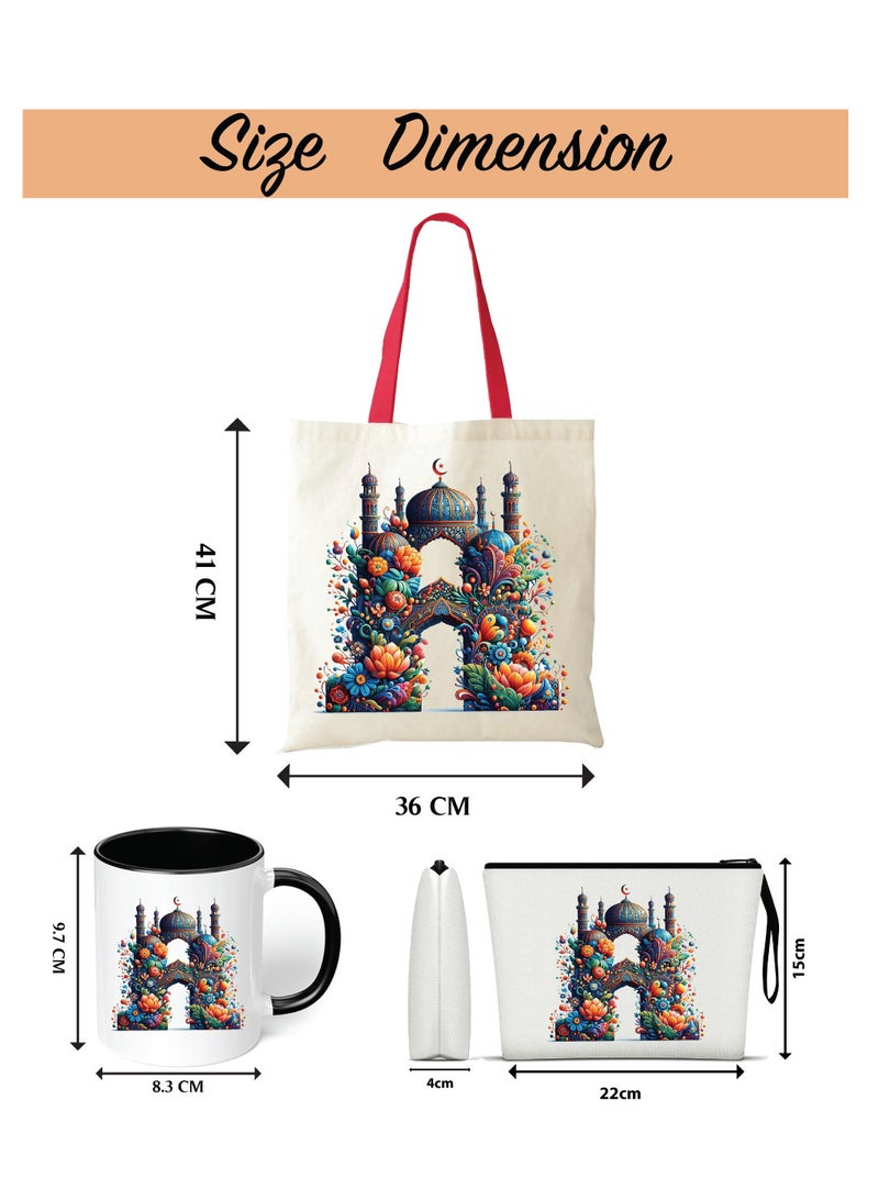 Pack of 3 Initial Monogram Gift Set - Black Coffee Mug, Cosmetic Bag and Cotton Tote bag Set - Gift Set for Her - Perfect for Ramadan, School, Travel and Birthday Gift