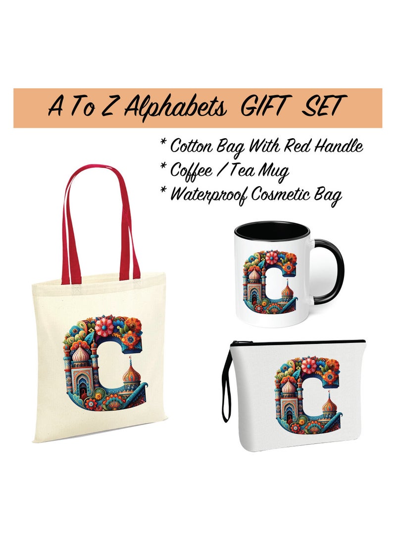 Pack of 3 Initial Monogram Gift Set - Black Coffee Mug, Cosmetic Bag and Cotton Tote bag Set - Gift Set for Her - Perfect for Ramadan, School, Travel and Birthday Gift