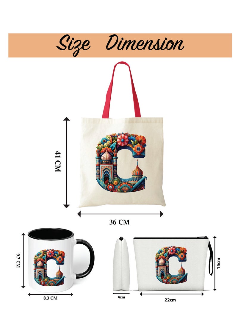 Pack of 3 Initial Monogram Gift Set - Black Coffee Mug, Cosmetic Bag and Cotton Tote bag Set - Gift Set for Her - Perfect for Ramadan, School, Travel and Birthday Gift