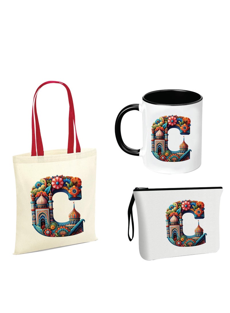 Pack of 3 Initial Monogram Gift Set - Black Coffee Mug, Cosmetic Bag and Cotton Tote bag Set - Gift Set for Her - Perfect for Ramadan, School, Travel and Birthday Gift
