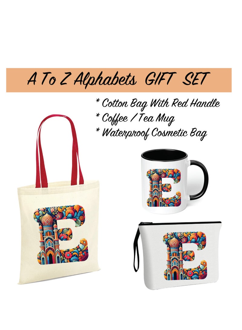Pack of 3 Initial Monogram Gift Set - Black Coffee Mug, Cosmetic Bag and Cotton Tote bag Set - Gift Set for Her - Perfect for Ramadan, School, Travel and Birthday Gift