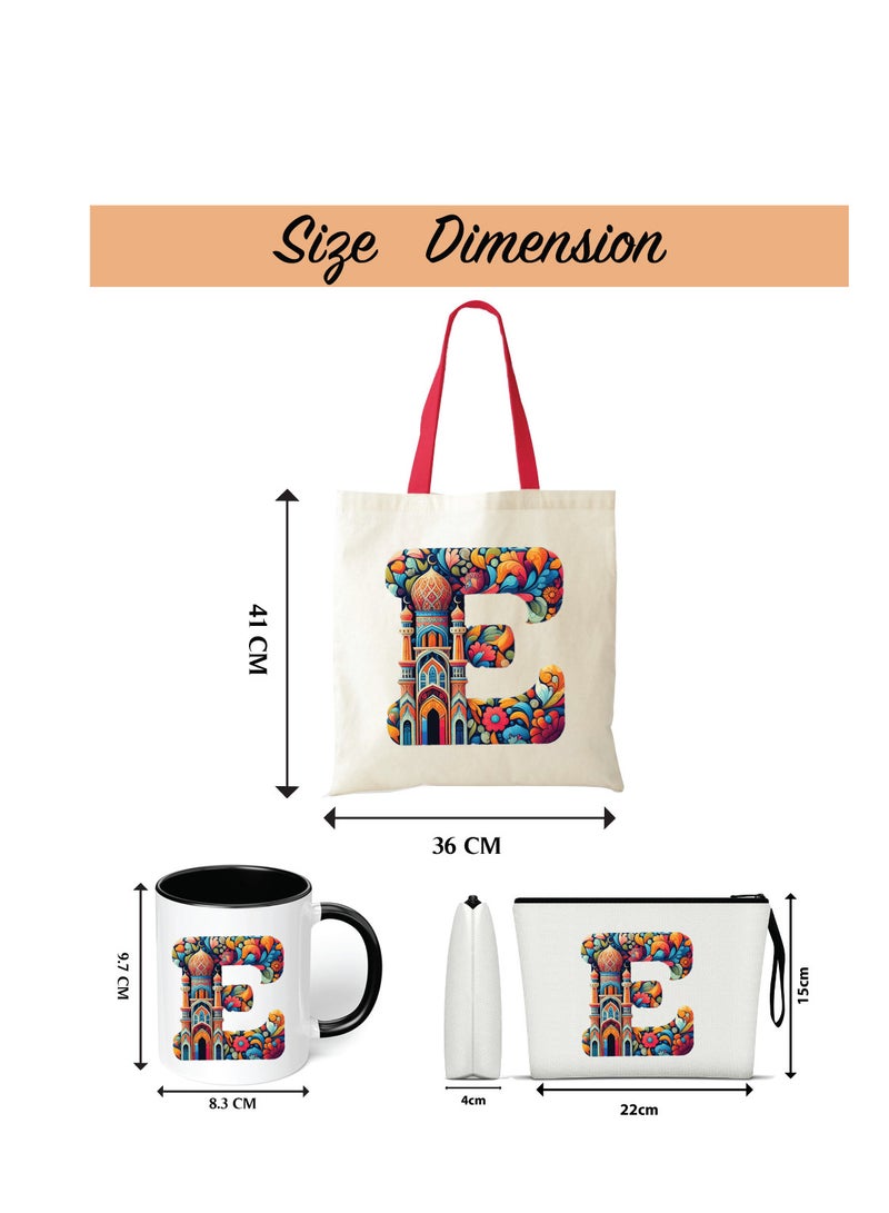 Pack of 3 Initial Monogram Gift Set - Black Coffee Mug, Cosmetic Bag and Cotton Tote bag Set - Gift Set for Her - Perfect for Ramadan, School, Travel and Birthday Gift