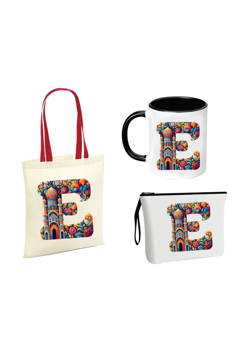 Pack of 3 Initial Monogram Gift Set - Black Coffee Mug, Cosmetic Bag and Cotton Tote bag Set - Gift Set for Her - Perfect for Ramadan, School, Travel and Birthday Gift