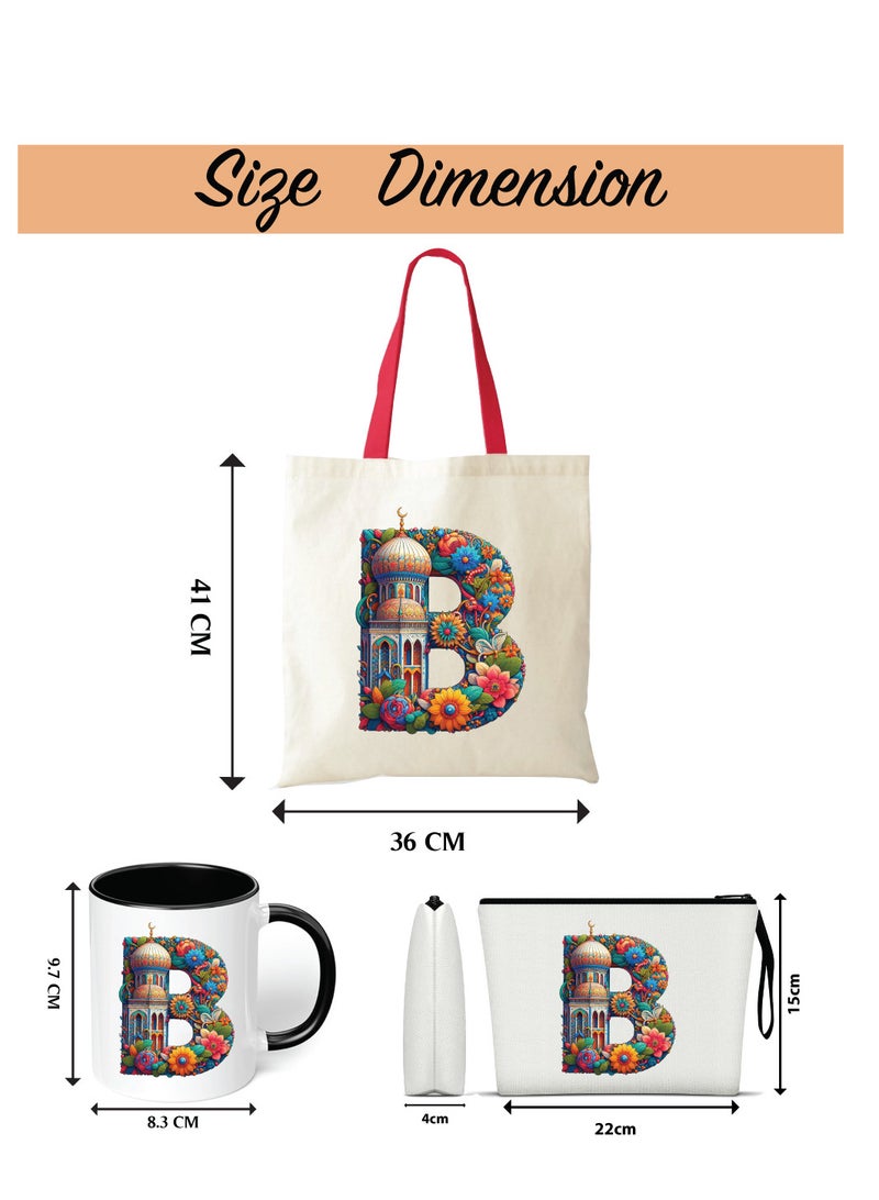 Pack of 3 Initial Monogram Gift Set - Black Coffee Mug, Cosmetic Bag and Cotton Tote bag Set - Gift Set for Her - Perfect for Ramadan, School, Travel and Birthday Gift