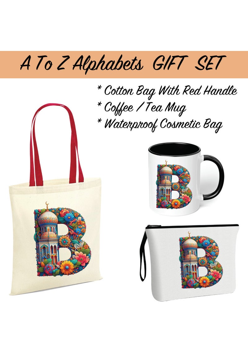 Pack of 3 Initial Monogram Gift Set - Black Coffee Mug, Cosmetic Bag and Cotton Tote bag Set - Gift Set for Her - Perfect for Ramadan, School, Travel and Birthday Gift