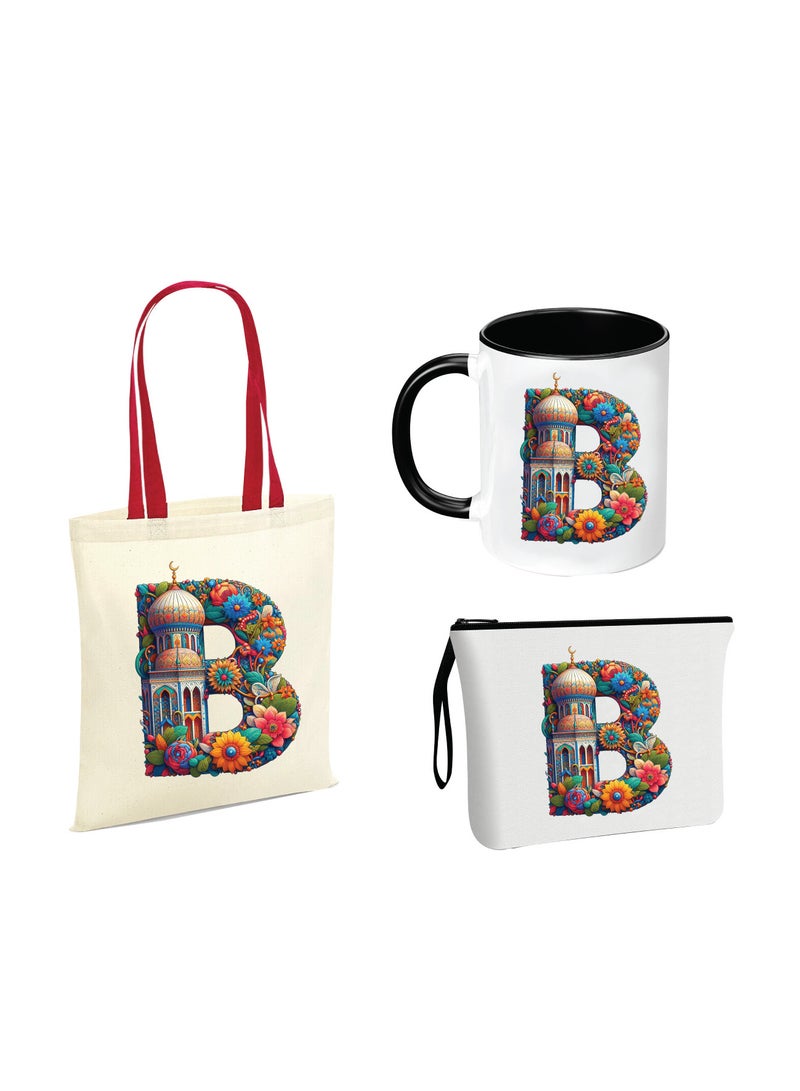 Pack of 3 Initial Monogram Gift Set - Black Coffee Mug, Cosmetic Bag and Cotton Tote bag Set - Gift Set for Her - Perfect for Ramadan, School, Travel and Birthday Gift