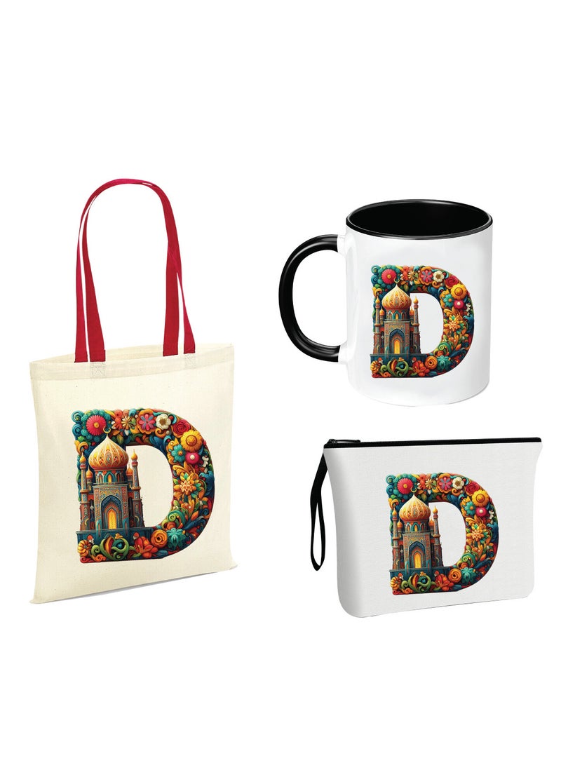 Pack of 3 Initial Monogram Gift Set - Black Coffee Mug, Cosmetic Bag and Cotton Tote bag Set - Gift Set for Her - Perfect for Ramadan, School, Travel and Birthday Gift