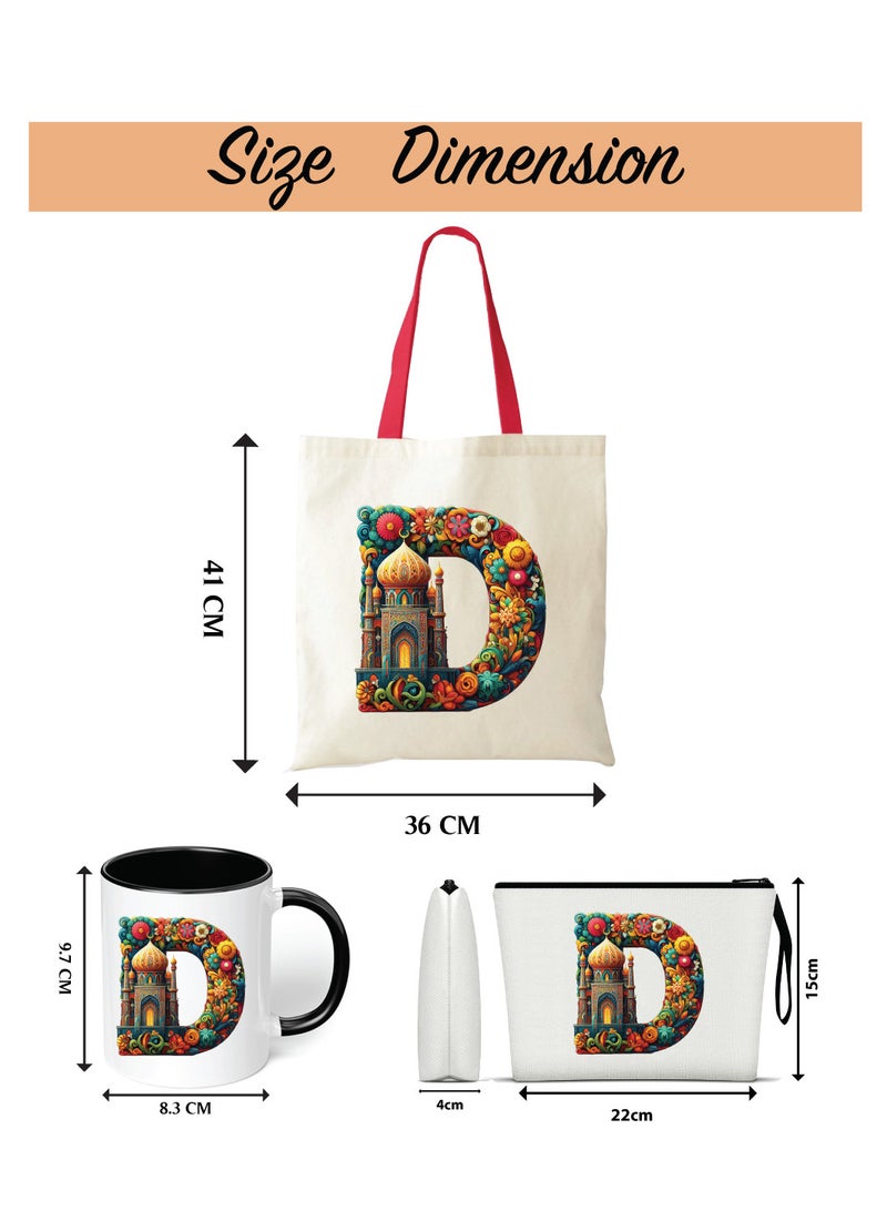 Pack of 3 Initial Monogram Gift Set - Black Coffee Mug, Cosmetic Bag and Cotton Tote bag Set - Gift Set for Her - Perfect for Ramadan, School, Travel and Birthday Gift