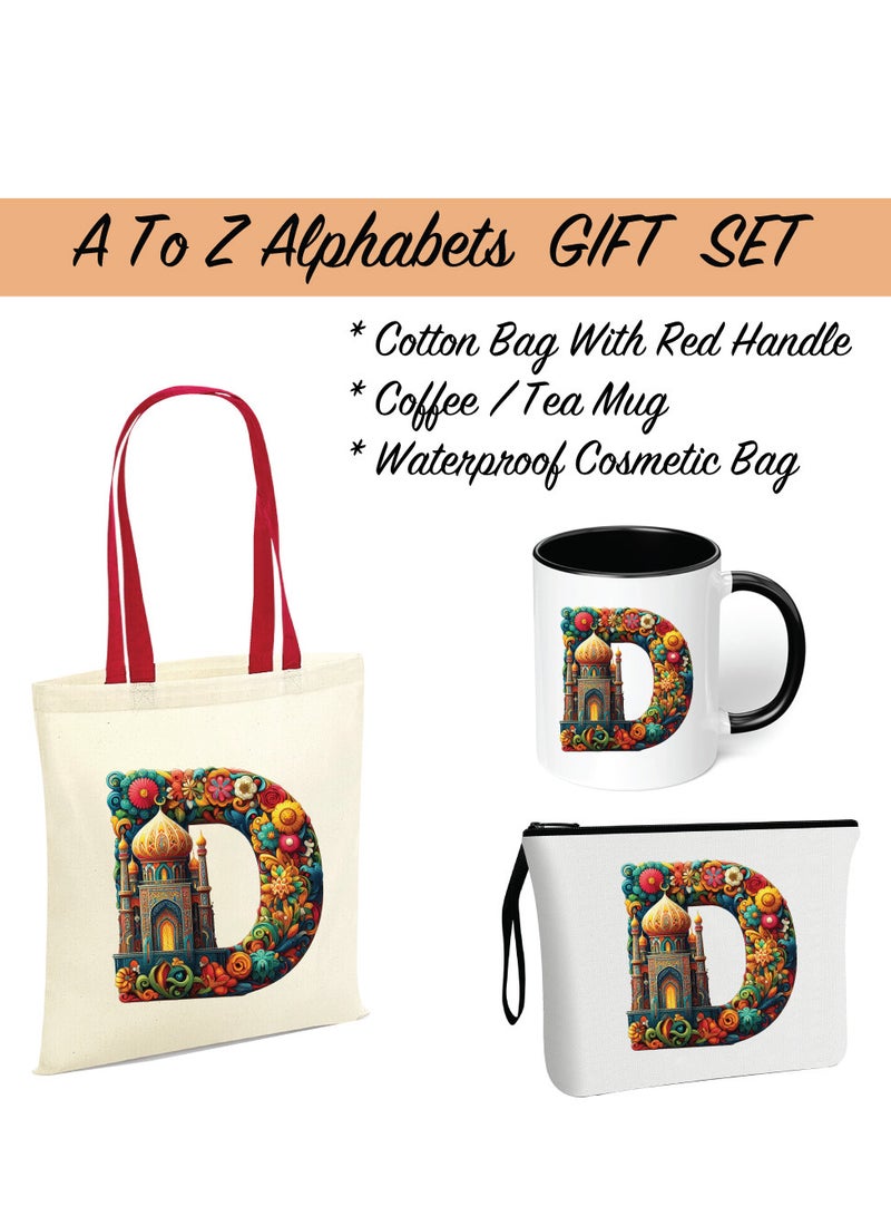 Pack of 3 Initial Monogram Gift Set - Black Coffee Mug, Cosmetic Bag and Cotton Tote bag Set - Gift Set for Her - Perfect for Ramadan, School, Travel and Birthday Gift