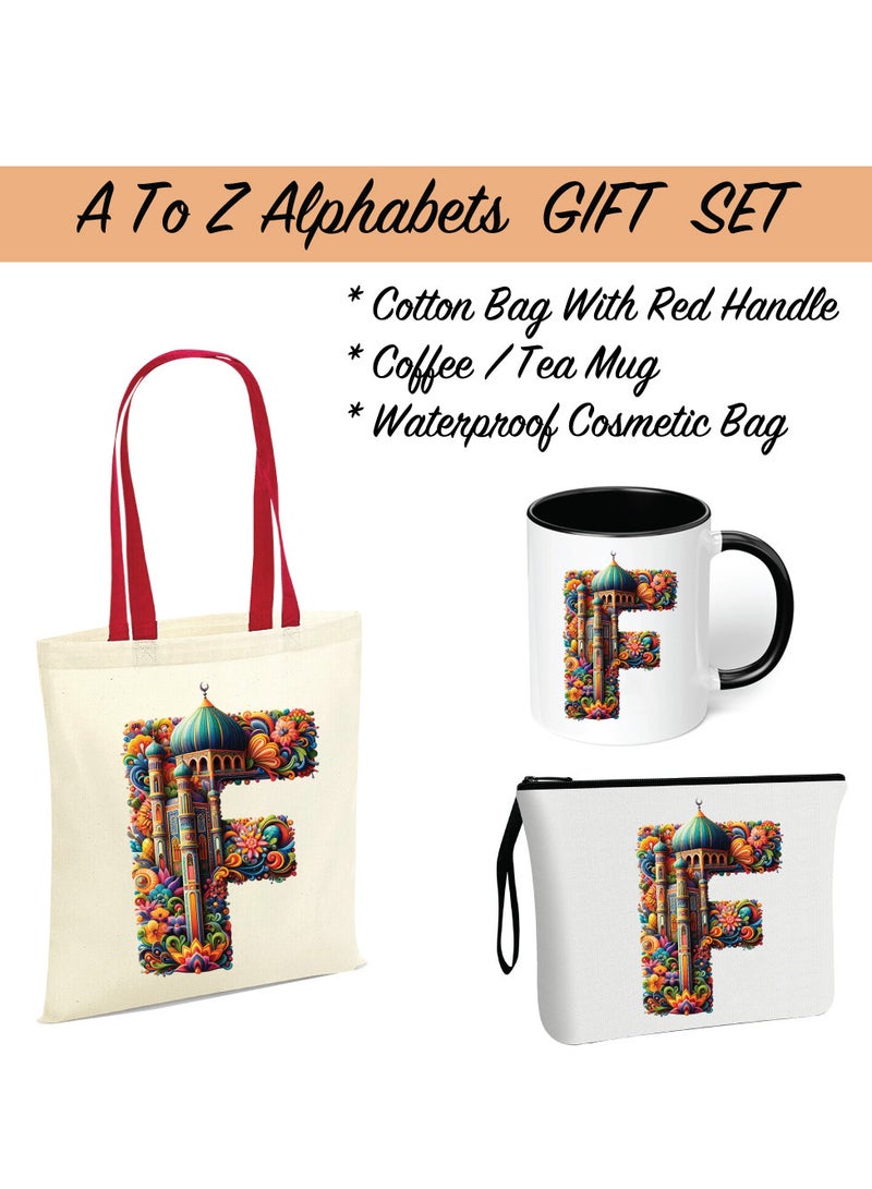 Pack of 3 Initial Monogram Gift Set - Black Coffee Mug, Cosmetic Bag and Cotton Tote bag Set - Gift Set for Her - Perfect for Ramadan, School, Travel and Birthday Gift