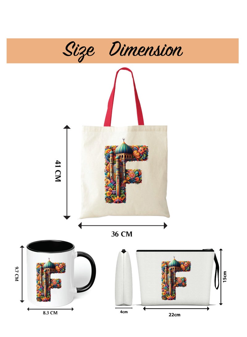 Pack of 3 Initial Monogram Gift Set - Black Coffee Mug, Cosmetic Bag and Cotton Tote bag Set - Gift Set for Her - Perfect for Ramadan, School, Travel and Birthday Gift