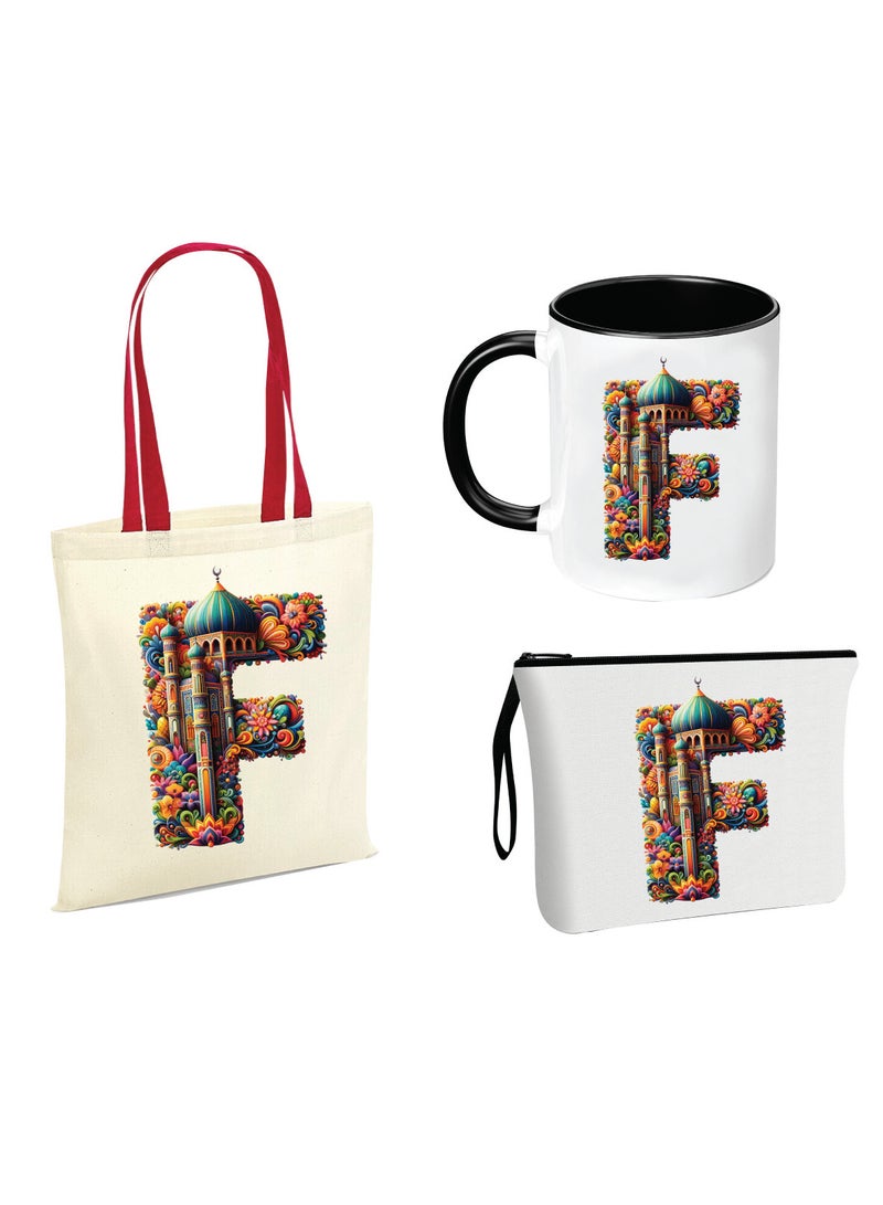 Pack of 3 Initial Monogram Gift Set - Black Coffee Mug, Cosmetic Bag and Cotton Tote bag Set - Gift Set for Her - Perfect for Ramadan, School, Travel and Birthday Gift