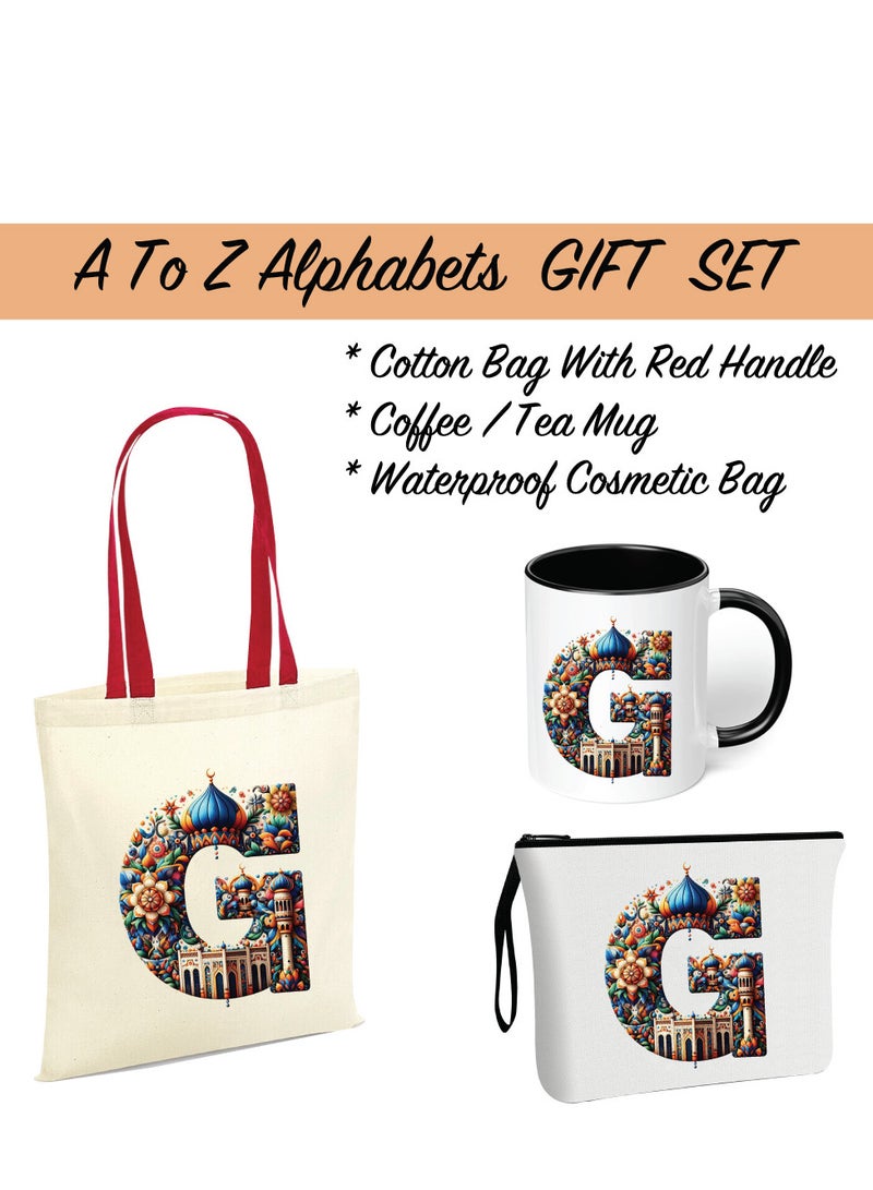 Pack of 3 Initial Monogram Gift Set - Black Coffee Mug, Cosmetic Bag and Cotton Tote bag Set - Gift Set for Her - Perfect for Ramadan, School, Travel and Birthday Gift