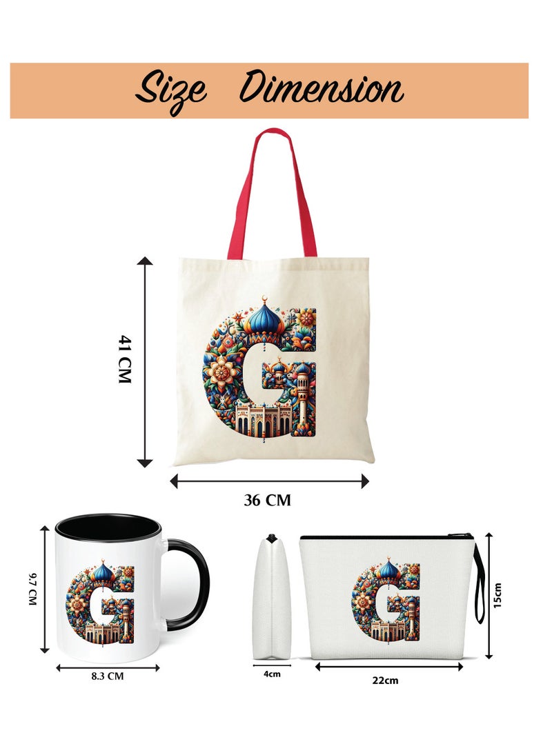 Pack of 3 Initial Monogram Gift Set - Black Coffee Mug, Cosmetic Bag and Cotton Tote bag Set - Gift Set for Her - Perfect for Ramadan, School, Travel and Birthday Gift
