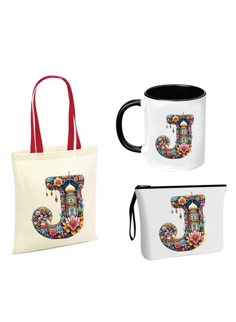 Pack of 3 Initial Monogram Gift Set - Black Coffee Mug, Cosmetic Bag and Cotton Tote bag Set - Gift Set for Her - Perfect for Ramadan, School, Travel and Birthday Gift