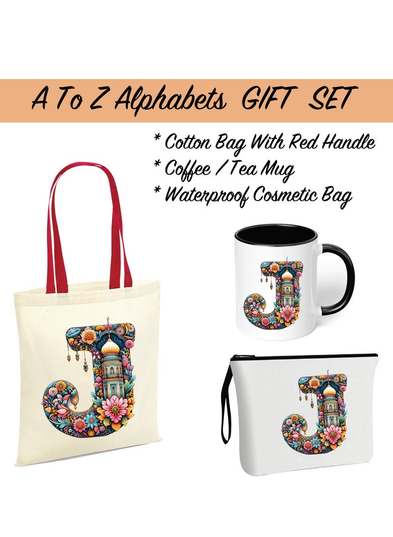 Pack of 3 Initial Monogram Gift Set - Black Coffee Mug, Cosmetic Bag and Cotton Tote bag Set - Gift Set for Her - Perfect for Ramadan, School, Travel and Birthday Gift