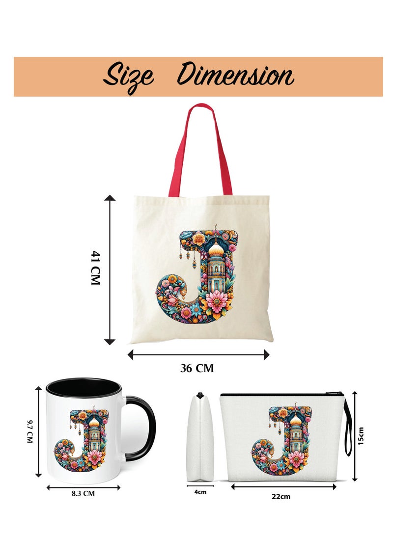 Pack of 3 Initial Monogram Gift Set - Black Coffee Mug, Cosmetic Bag and Cotton Tote bag Set - Gift Set for Her - Perfect for Ramadan, School, Travel and Birthday Gift