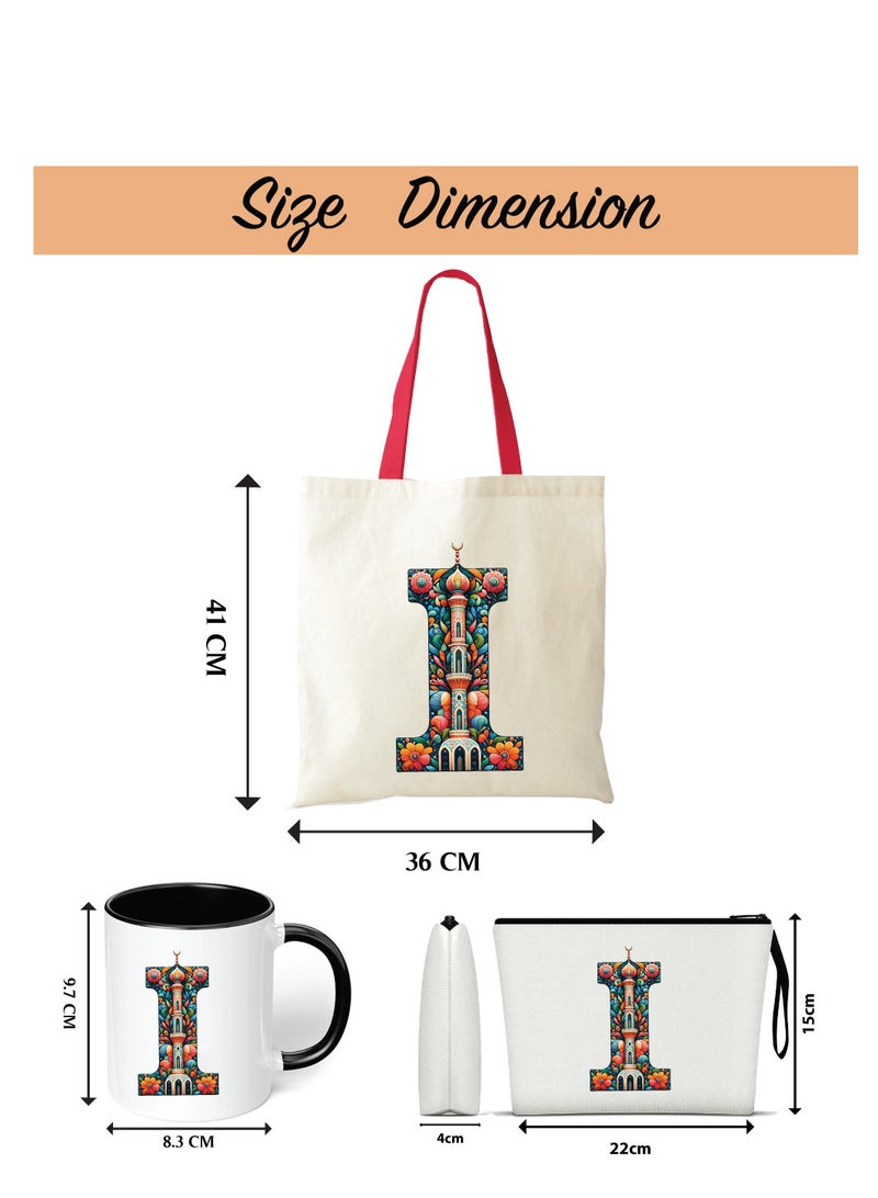 Pack of 3 Initial Monogram Gift Set - Black Coffee Mug, Cosmetic Bag and Cotton Tote bag Set - Gift Set for Her - Perfect for Ramadan, School, Travel and Birthday Gift