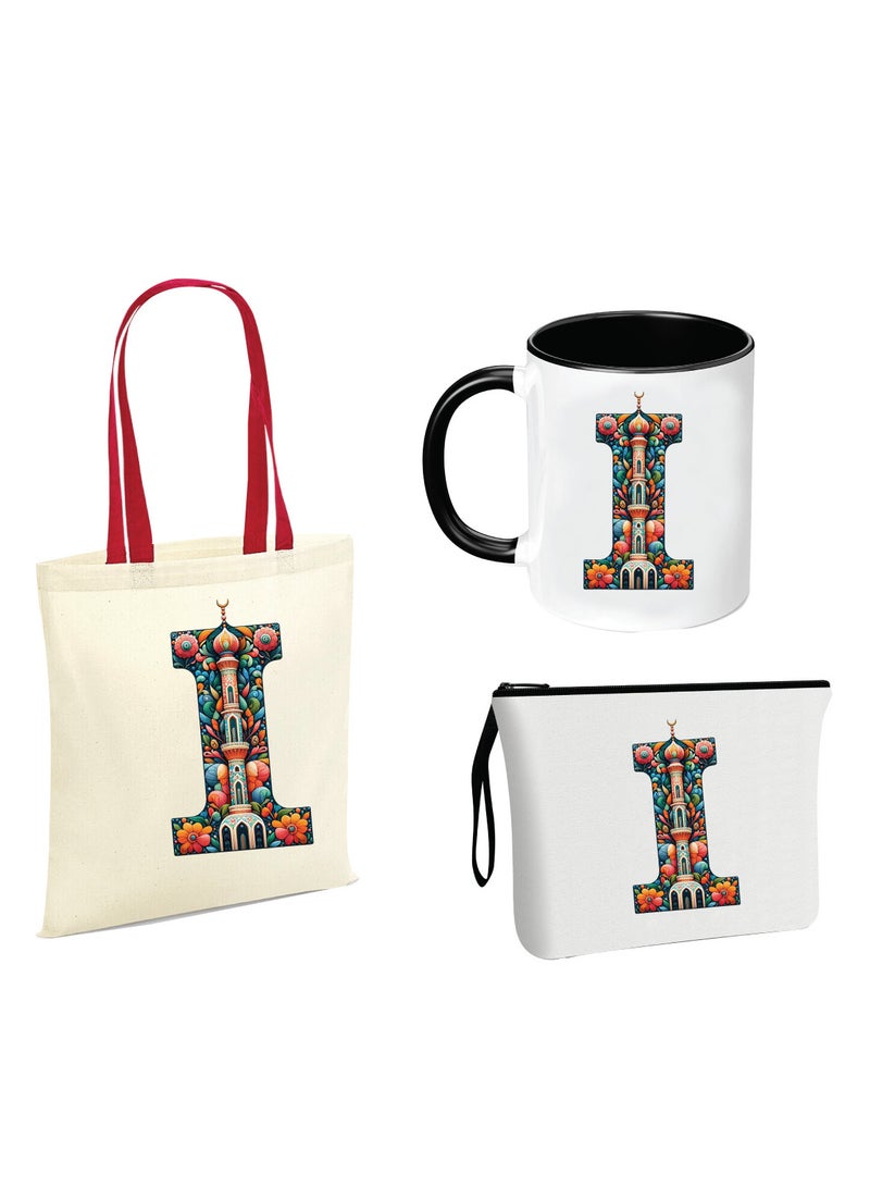 Pack of 3 Initial Monogram Gift Set - Black Coffee Mug, Cosmetic Bag and Cotton Tote bag Set - Gift Set for Her - Perfect for Ramadan, School, Travel and Birthday Gift