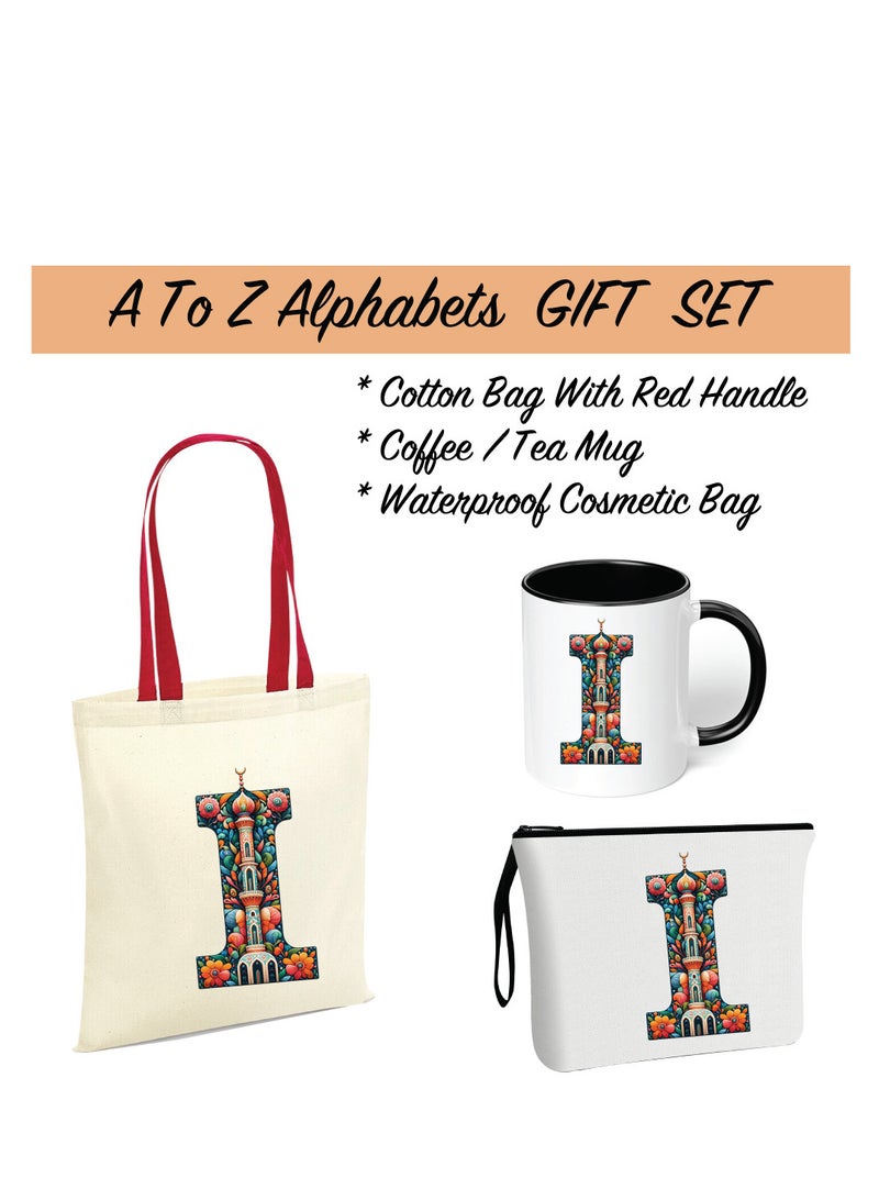 Pack of 3 Initial Monogram Gift Set - Black Coffee Mug, Cosmetic Bag and Cotton Tote bag Set - Gift Set for Her - Perfect for Ramadan, School, Travel and Birthday Gift