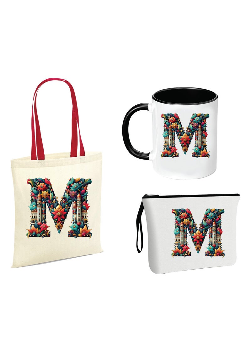 Pack of 3 Initial Monogram Gift Set - Black Coffee Mug, Cosmetic Bag and Cotton Tote bag Set - Gift Set for Her - Perfect for Ramadan, School, Travel and Birthday Gift