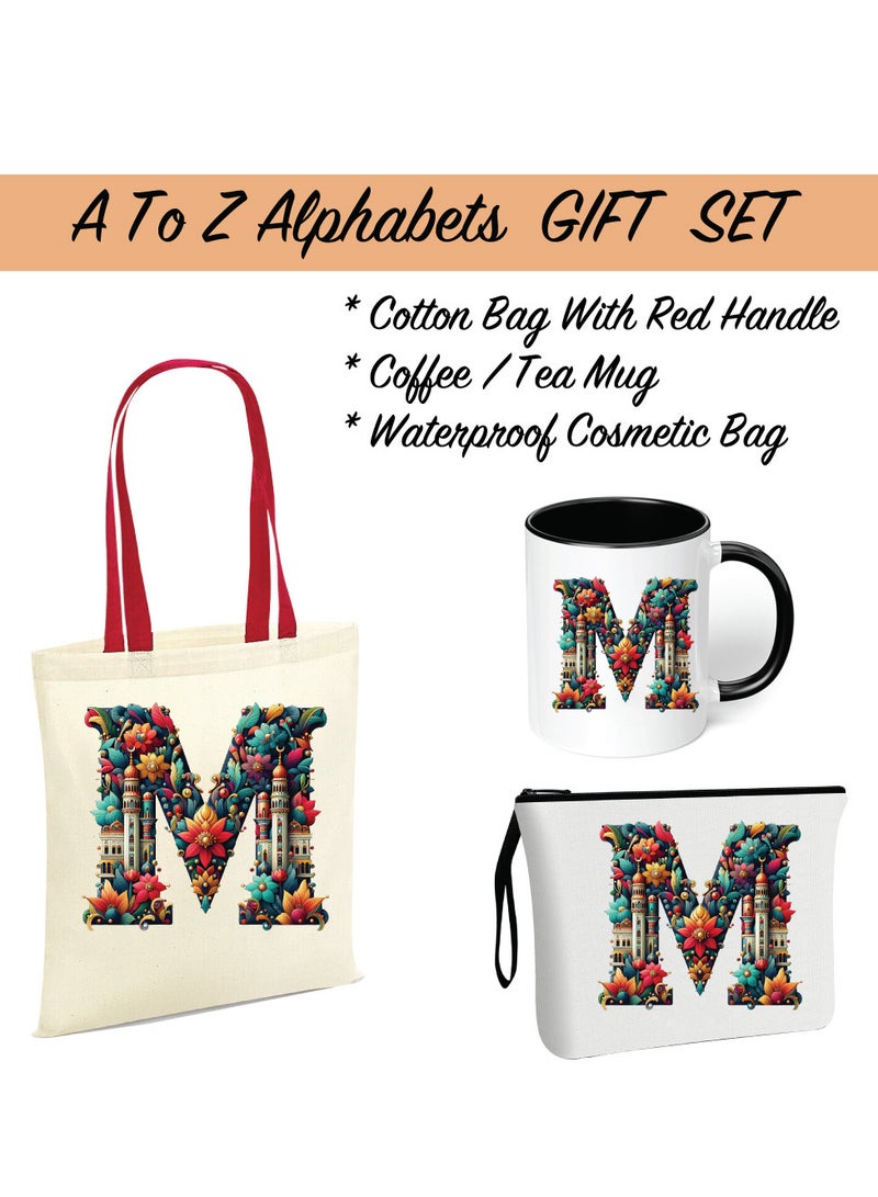 Pack of 3 Initial Monogram Gift Set - Black Coffee Mug, Cosmetic Bag and Cotton Tote bag Set - Gift Set for Her - Perfect for Ramadan, School, Travel and Birthday Gift