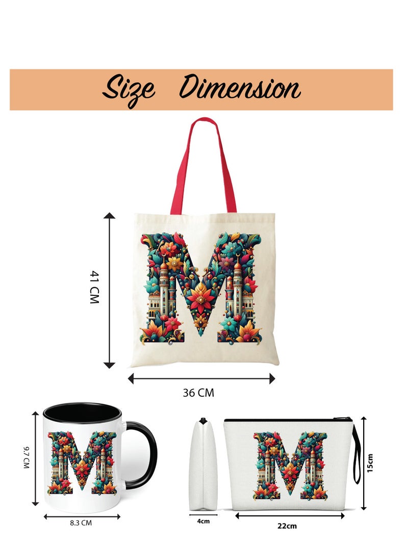 Pack of 3 Initial Monogram Gift Set - Black Coffee Mug, Cosmetic Bag and Cotton Tote bag Set - Gift Set for Her - Perfect for Ramadan, School, Travel and Birthday Gift