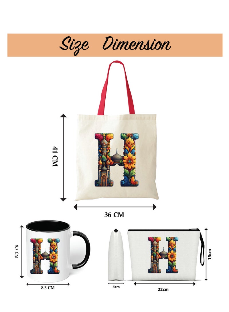 Pack of 3 Initial Monogram Gift Set - Black Coffee Mug, Cosmetic Bag and Cotton Tote bag Set - Gift Set for Her - Perfect for Ramadan, School, Travel and Birthday Gift