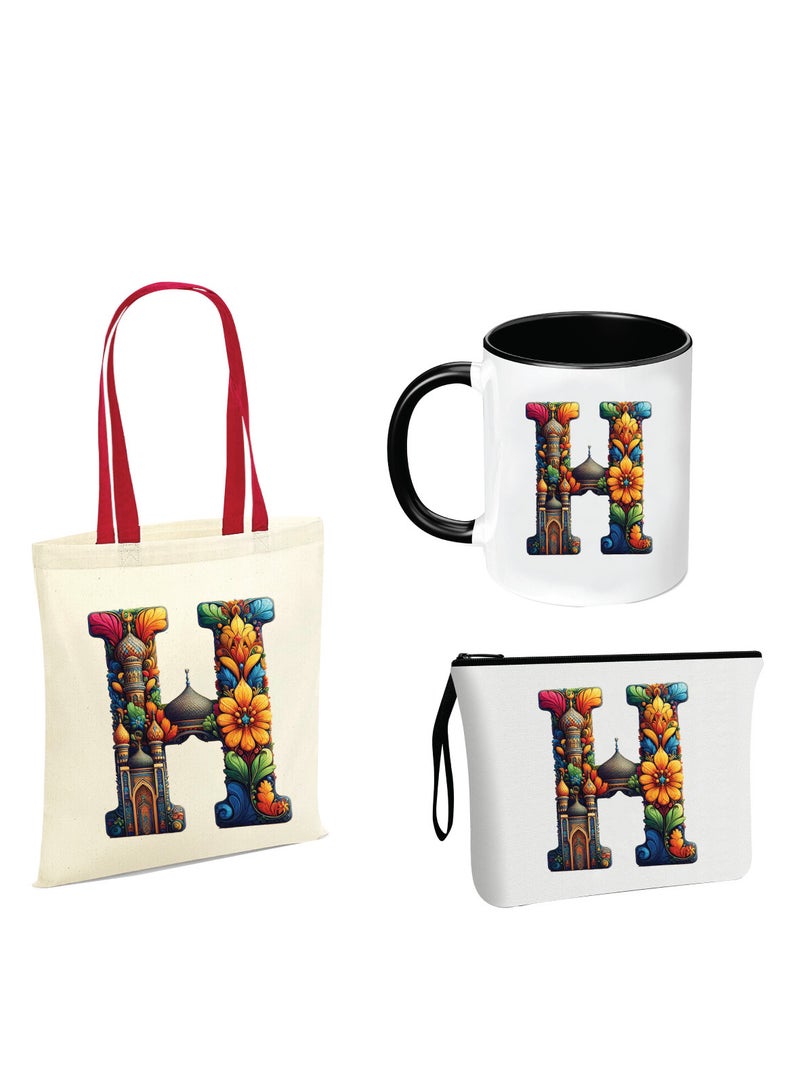 Pack of 3 Initial Monogram Gift Set - Black Coffee Mug, Cosmetic Bag and Cotton Tote bag Set - Gift Set for Her - Perfect for Ramadan, School, Travel and Birthday Gift