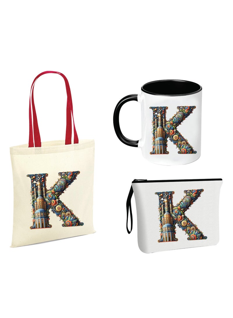 Pack of 3 Initial Monogram Gift Set - Black Coffee Mug, Cosmetic Bag and Cotton Tote bag Set - Gift Set for Her - Perfect for Ramadan, School, Travel and Birthday Gift