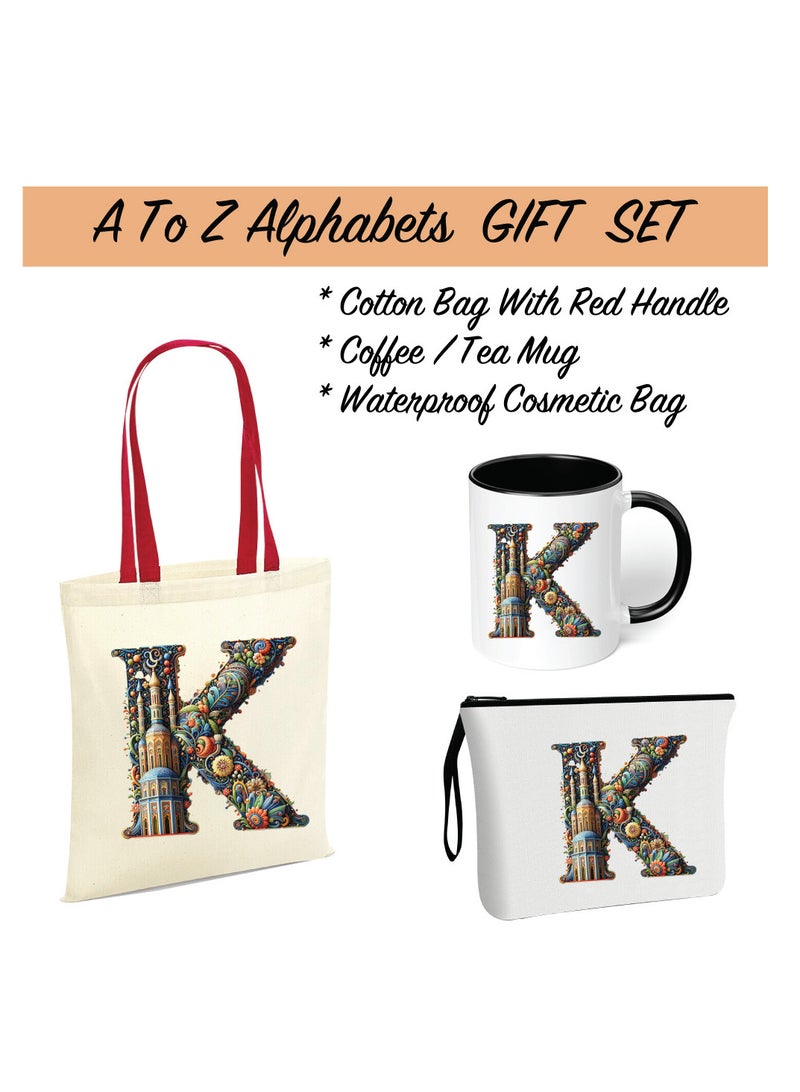 Pack of 3 Initial Monogram Gift Set - Black Coffee Mug, Cosmetic Bag and Cotton Tote bag Set - Gift Set for Her - Perfect for Ramadan, School, Travel and Birthday Gift