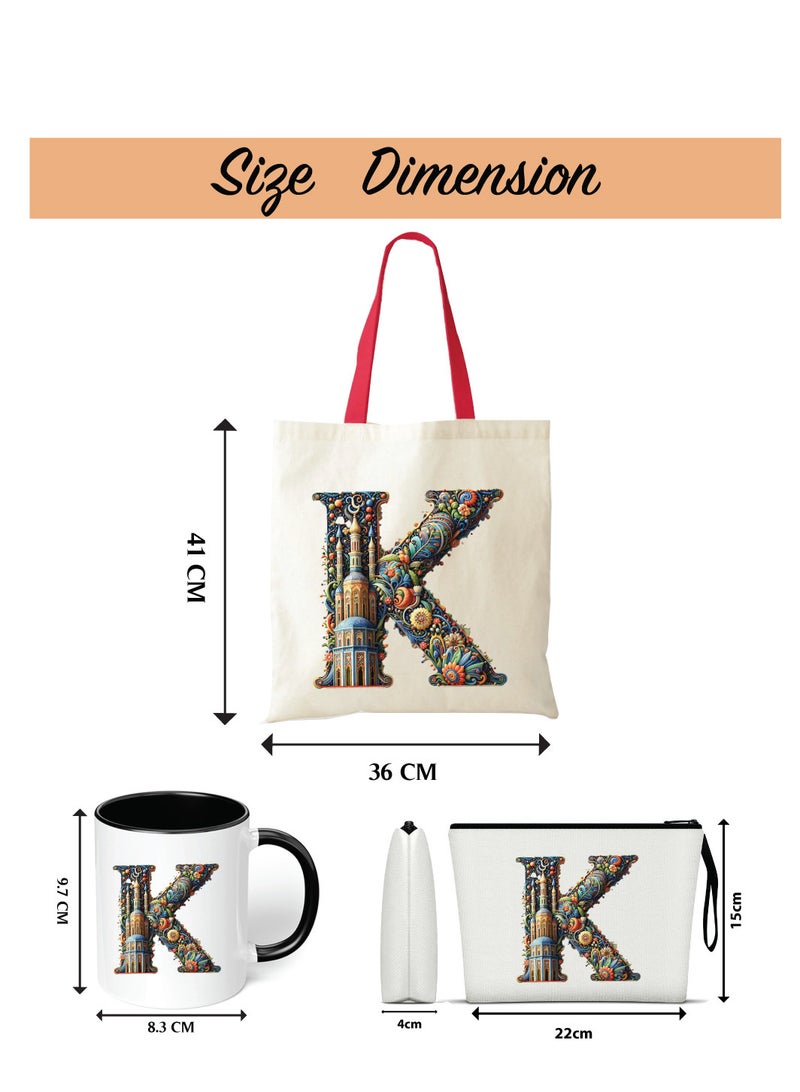 Pack of 3 Initial Monogram Gift Set - Black Coffee Mug, Cosmetic Bag and Cotton Tote bag Set - Gift Set for Her - Perfect for Ramadan, School, Travel and Birthday Gift