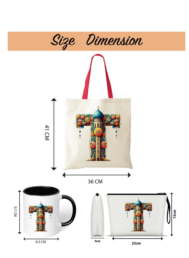 Pack of 3 Initial Monogram Gift Set - Black Coffee Mug, Cosmetic Bag and Cotton Tote bag Set - Gift Set for Her - Perfect for Ramadan, School, Travel and Birthday Gift