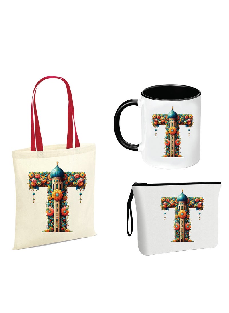 Pack of 3 Initial Monogram Gift Set - Black Coffee Mug, Cosmetic Bag and Cotton Tote bag Set - Gift Set for Her - Perfect for Ramadan, School, Travel and Birthday Gift