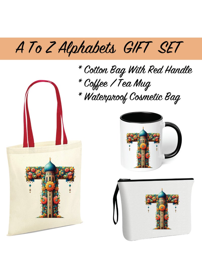 Pack of 3 Initial Monogram Gift Set - Black Coffee Mug, Cosmetic Bag and Cotton Tote bag Set - Gift Set for Her - Perfect for Ramadan, School, Travel and Birthday Gift