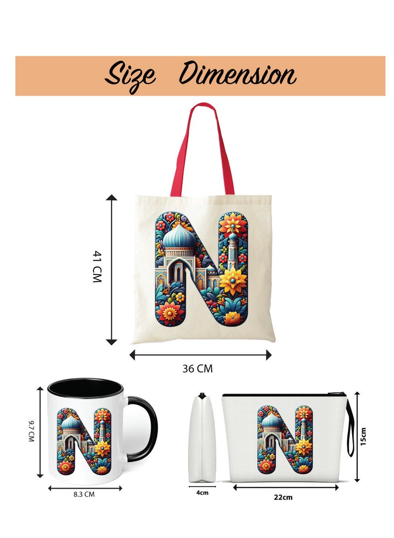 Pack of 3 Initial Monogram Gift Set - Black Coffee Mug, Cosmetic Bag and Cotton Tote bag Set - Gift Set for Her - Perfect for Ramadan, School, Travel and Birthday Gift