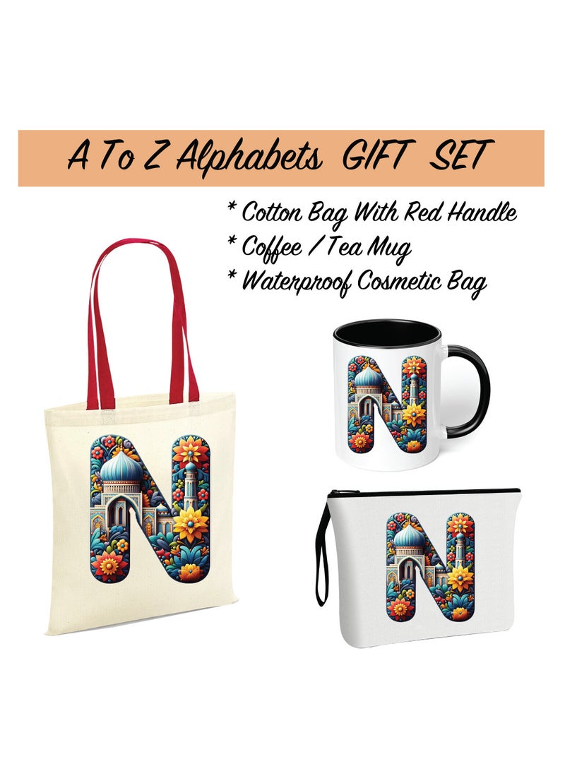 Pack of 3 Initial Monogram Gift Set - Black Coffee Mug, Cosmetic Bag and Cotton Tote bag Set - Gift Set for Her - Perfect for Ramadan, School, Travel and Birthday Gift